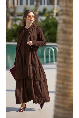 Misswhence Yelekli Poplin Elbise 39834 Kahve Kahverengi