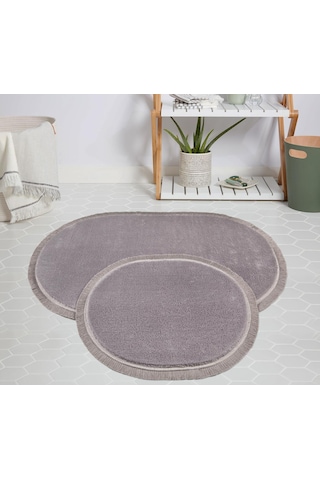 My Evilla Modern Dekoratif Halı Jel Kaymaz Taban Peluş Gri Saçaklı Oval Paspas Takımı 50x80 Çok Renkli