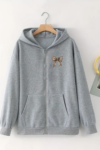 Unisex Gri Kapüşonlu Fermuarlı Hırka Minimal Leopar Kurdela Baskılı, Şardonlu Kalın Kumaş Gri