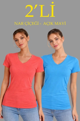 Tarzyeri Kadın V Yaka Tişört Kısa Kol Slim Fit T-shirt 2'li Set Nar Çiçeği-açık Mavi Çok Renkli