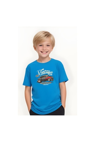 Fyk Kids Erkek Çocuk Yuvarlak Yaka İntage Car Baskılı T-shirt Mavi
