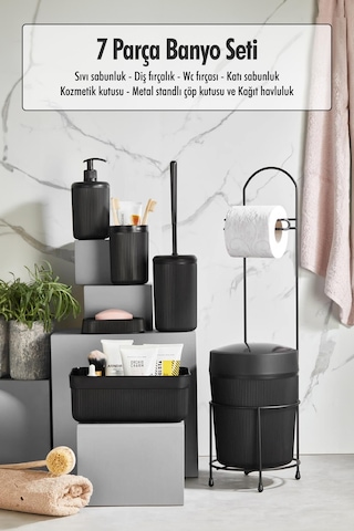7 Parça Siyah Banyo Seti Metal Stantlı Kovalı Wc Kağıtlık Kozmetik Kutusu Diş Fırçalık Ve Sabunlukla Çok Renkli