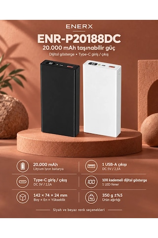 ENERX Powerbank 20000 Mah 2.1 Amper Dijital Göstergeli Enr-p20188dc Siyah