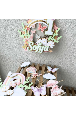 Kelebek Çiçek Papatya Temalı Kız Çocuk Doğum Günü İsme Özel 3d Pasta Süsü Seti Çocuk