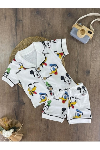 Kruvaze Yaka Önden Düğmeli Rahat Kalıp Yazlık Erkek Bebek Pijama Takımı %100 Pamuk 4bb2 Beyaz