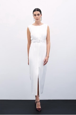 Sateen Kemerli Kalem Elbise - Ekru-135813 Ekru