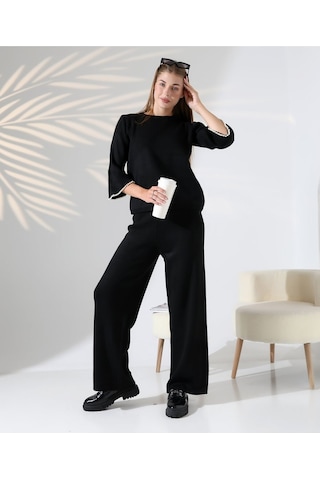 İnci Volanlı Kol Detaylı Triko Takım Siyah