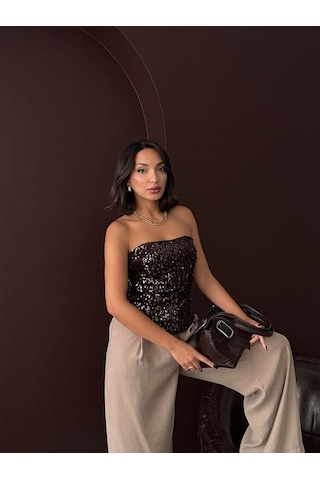 Ckm Moda Rubina Payetli Straplez Bluz Kahve