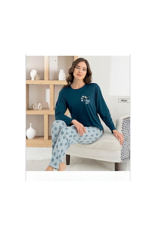 Pijamoni Kadın Milan Bisiklet Yaka Uzun Kol İnce Pijama Takımı 7600/19 - 1 Adet Petrol