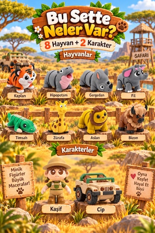 Tigglo 10'lu Hareketli Mini Hayvan Ve Karakter Figür Oyuncak Seti Çiftlik, Okyanus, Safari Ve Orman Tema Seçenekleri Safari Hayvanları