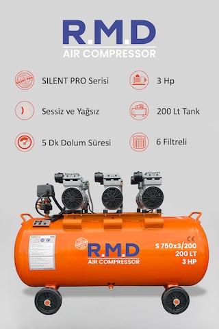 R.M.D Kompresör 200 Lt Hava Kompresörü Sessiz Ve Yağsız S750-3I200