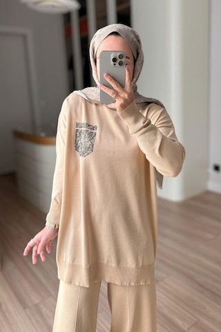 Ka Hijab Taşlı Cep Merserize Takım - Sütlü Kahve