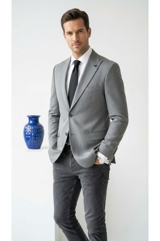 Plus Scorpion Erkek Blazer Ceket Twill Puntolu Kırlangıç Yaka 2 Düğmeli Çift Yırtmaçlı Slim Fit Açık Gri