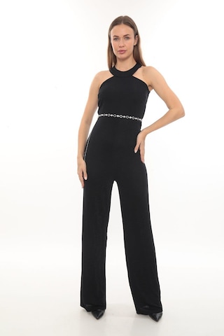 Hanife Glam Couture Hanife Glam Simli Kemerli Halter Yaka Tulum Siyah