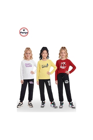 Panios Kids 3'lü Yuvarlak Yaka Sweatshirt Siyah Eşofmanlı Baskı Detaylı 6 Parça Kız Çocuk Alt Üst Takım Beyaz - Sarı