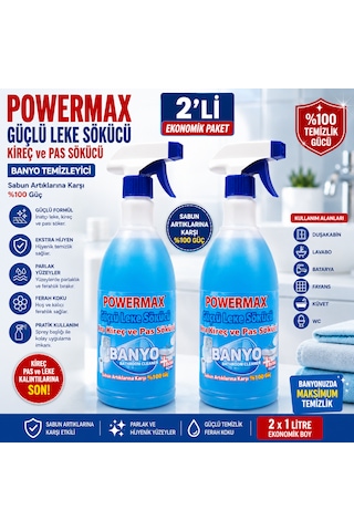 Powermax Güçlü Leke Sökücü Kireç Ve Pas Sökücü 1000 Ml X2 Set Banyo Temizleyici Güçlü Formül Powermax Güçlü Leke Sökücü Kireç Ve Pas Sökücü 1000 Ml X2 Set Banyo Temizleyici Güçlü Formül