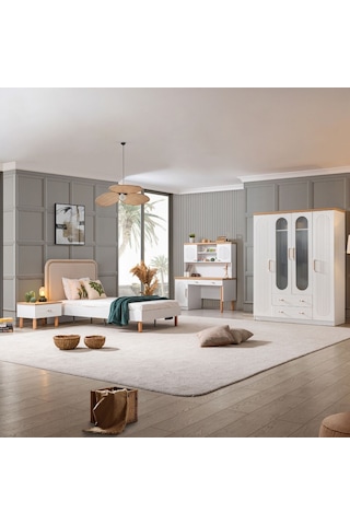 Vita Bohem Genç Odası - 4 Kapaklı Dolap, Karyola, Komodin, Çalışma Masası Beyaz