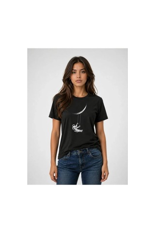 Butik İstanbul Astronot Ay Temalı Tişört Kısa Kol Yazlık Bisiklet Yaka T-shirt - Siyah