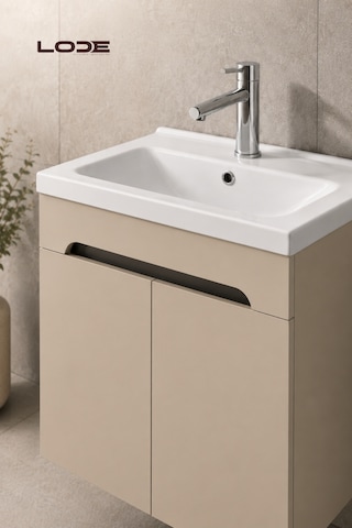 Lode Bath Irma Lavabolu Alt Banyo Dolabı, Kapaklı Banyo Alt Dolabı,seramik Lavabo Dahil 60 Cm Kumtaşı