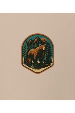 Wildstyle Boz Ayı Renkli Vintage Yaban Hayat Doğa Orman Rozet Baskılı Unisex Bisiklet Yaka Pamuklu Tişört Camel