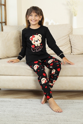 Kız Çocuk Ayıcık Baskılı %100 Pamuk İnterlok Kumaş Pijama Takımı 12347 Siyah