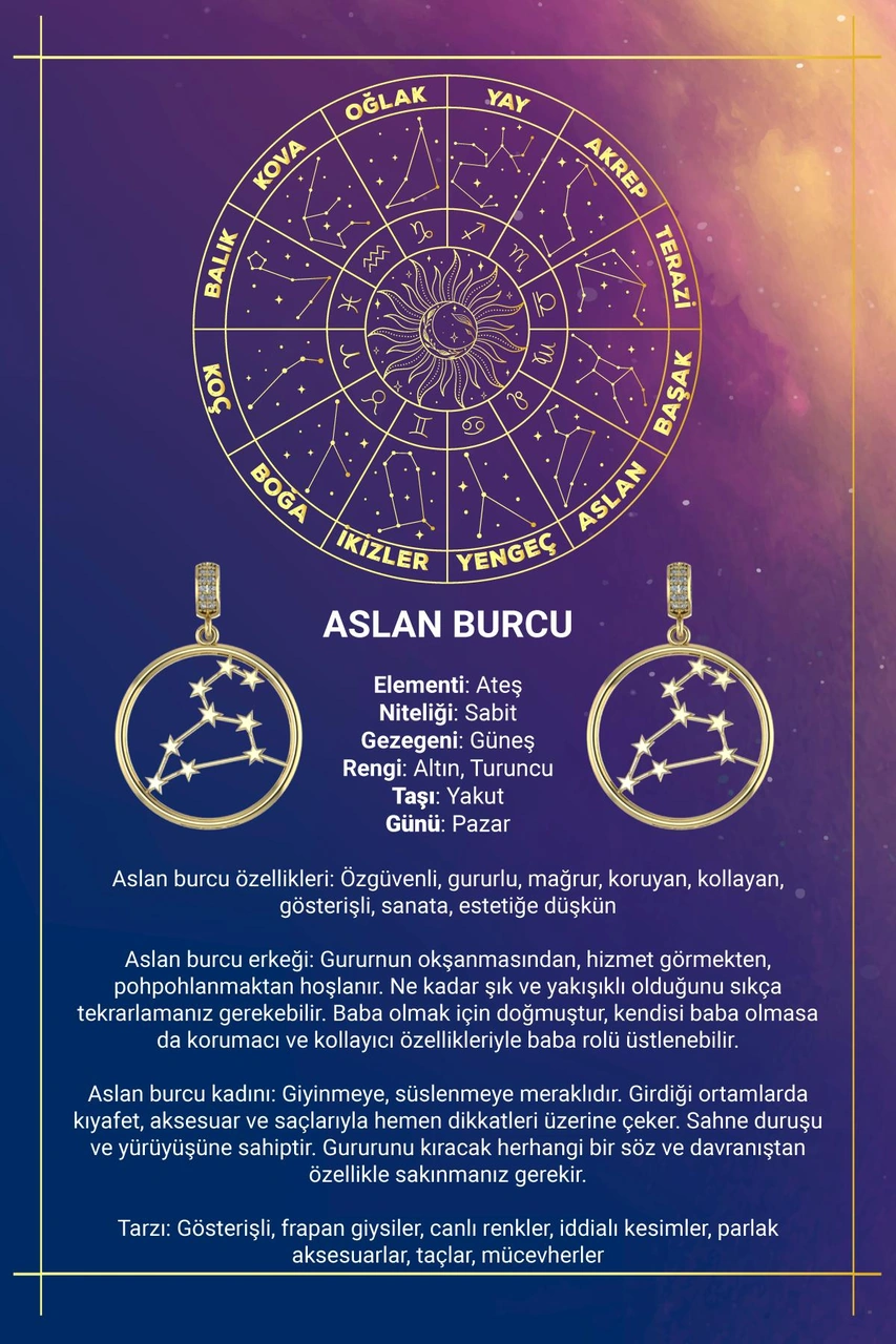 14 Ayar Altın Aslan Burcu Kolye Ucu Burç Yıldız Haritası Pembe Altın