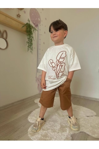 Miniko Kids Erkek Çocuk Keten Şortlu Cep Modelli Pamuk Şortlu Takım Ekru