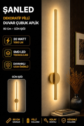 Dekoratif 20w İç Mekan Gold Kasa Gün Işığı Rengi 80 Cm Duvar Aplik Pilli 1 Adet