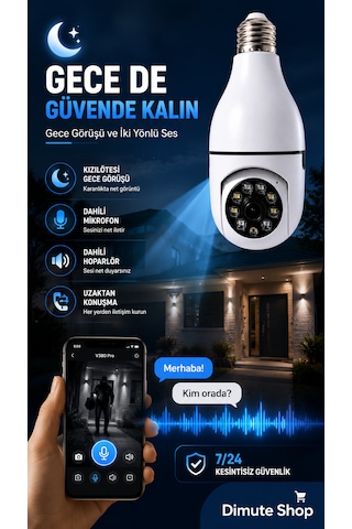 V380 Pro Ampul Kamera 360 Wifi Güvenlik Kamerası Gece Görüşlü Hareket Sensörlü