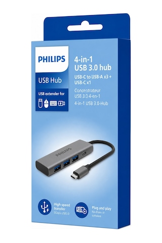 Philips Swr5041/00 Usb-c 4'ü 1 Arada Usb 3.0 Hub, 3x Usb-a + 1x Usb-c, 5gbps Veri Aktarımı