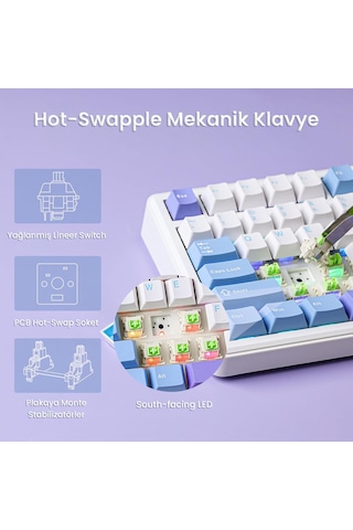Aula F75 Max Mekanik Rgb Tkl Reaper Switch Kablosuz Makrolu Hot Swap Klavye Mor