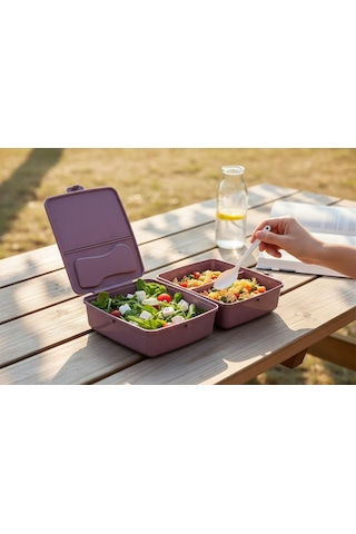Bölmeli Sağlıklı Saklama Ve Yemek Kabı - Bpa Sız Sağlıklı - Kilit Kapak - Taşınabilir Lunchbox- Mor Renk Çok Renkli