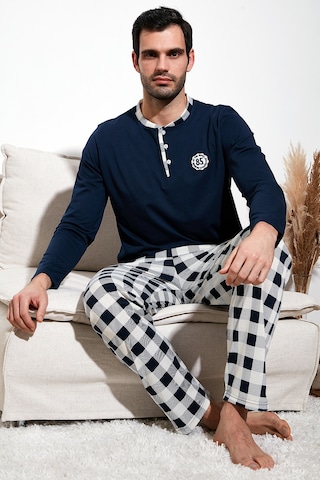 Buratti Kareli Pamuklu Regular Fit Uzun Kollu Erkek Pijama Takımı 60961003 Lacivert