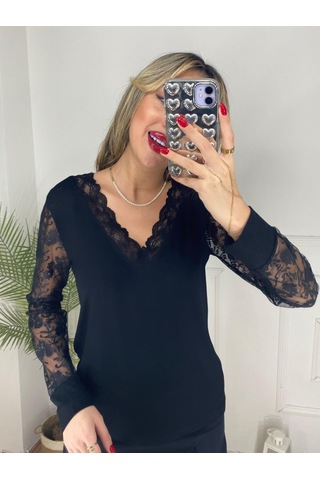 Modasize Kadın Uzun Kollu V Yakalı Dantel Detaylı Viskon Bluz Siyah