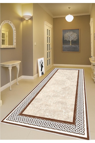 Krem Kahverengi Dijital Baskı Salon Halısı Kaymaz Tabanlı Yıkanabilir Halı Yolluk 530 Krem