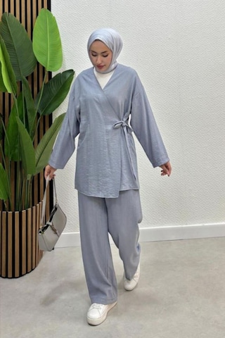 Zerogaprıse Kadın Çapraz Bağlamalı Keten Kimono Tesettür Pantolon Takım Gri