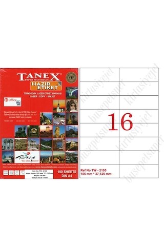 Tanex Tw-2105 Ebat 105 X 37 MM Lazer Etiket A4 Sayfada 16 Etike