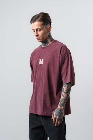 Respire Erkek Mercy Nakışlı Yıkamalı Oversize T-shirt Bordo