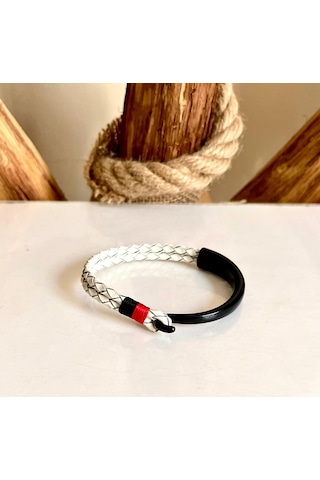 %100 Deri&krom Kombin Erkek Bileklik Net 22cm Türk El Üretimi Siyah - Beyaz