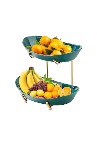 Yaozixa Çok Amaçlı Akrilik Meyve Sepeti - 2 Katlı Metal Ayaklı Pratik Servis Tepsisi Koyu Yeşil