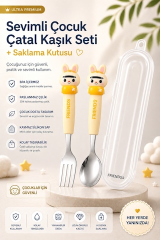 Sarı Renk Kedi Figürlü Premium Çocuk Bpa Free Paslanmaz Çelik Uçlu Çatal-kaşık Set 24+ Ay