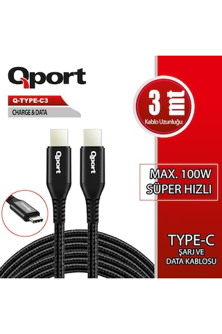 Qport Q-type-c3 3 Metre Type-c 100w Pd Şarj Ve Data Kablosu