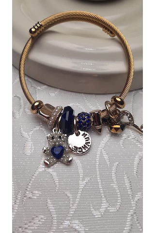 Uzel Çelik Sarı Gold Model Anahtarlı Ayıcık Charmlı Çelik Bileklik Mavi