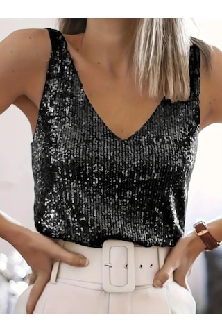 Simala Pul Payetli Sıfır Kol Bluz -siyah Siyah