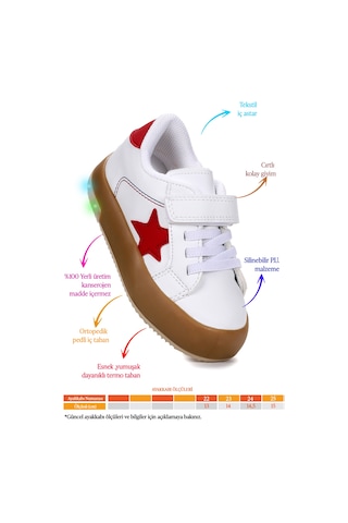 Kiko Kids Rena Günlük Cırtlı Işıklı Kız Bebek Spor Ayakkabı Beyaz - Kırmızı Beyaz - Kırmızı