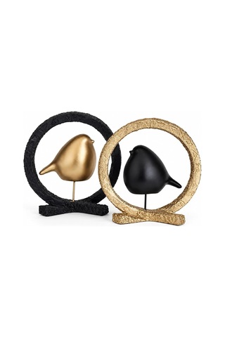 Kuş Biblo Modern Siyah Ve Gold Kombinli Halkalı Dekoratif Obje 2 Li Set Sanatsal Minimalist Masa Üstü Dekor Dayanık Diğer