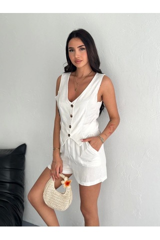 Kazax Kadın Keten Şort Yelek Takım S3461 Krem