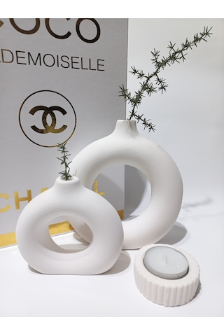 İkili Donat Vazo Mumluk Beyaz