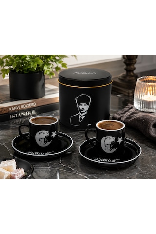 Atatürk İmzalı 2 Li Türk Kahvesi Fincan Takımı Özel Kutulu Siyah Premium Kahve Seti Hediyelik