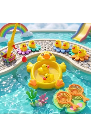 7 Ördekli Oltalı Eğlenceli Eğitici Ördek Yakalama Ve Eğitici Banyo Havuzu Oyuncağı Seti 27 Cm